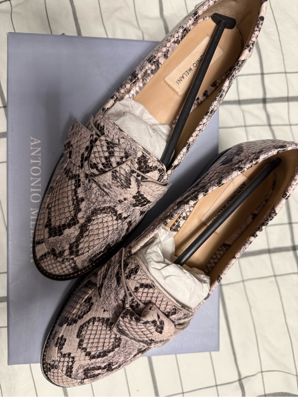 ANTONIO MELANI Pink Snake-Print Loafers with Black Accents